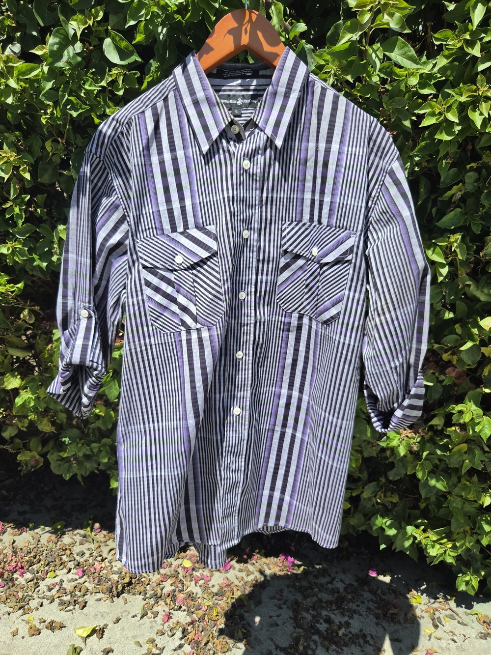 Beverly Hills Polo Club Men's Large Button Up Shirt Purple Black White Striped